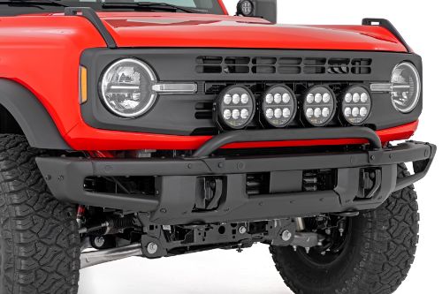 Tube style light bar mount for the factory modular bumper. Holds up to 4 of the 6.5" Round lights. Holds up to 6 of the 3.5" Round lights. Light bar mount is 11 Gauge material. Tube is 1 7/8" OD. Bolts to factory mounting points on bumper. Can be run just as a low bar option without lights.