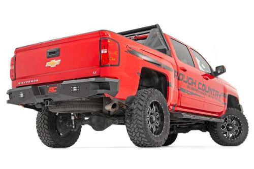 Easy to install! Durable, steel construction Includes (2) Rough Country LED Cubes Integrated steps for easy access to bed Retains factory receiver hitch Includes backup sensor relocators
