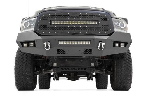 Easy to install! Durable, steel construction Includes (4) Rough Country LED Cubes Includes 20in Rough Country LED Light Bar Retains factory tow hooks Retains factory proximity sensors
