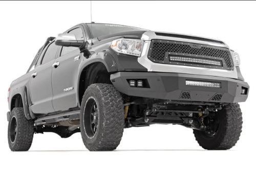 Easy to install! Durable, steel construction Includes (4) Rough Country LED Cubes Includes 20in Rough Country LED Light Bar Retains factory tow hooks Retains factory proximity sensors