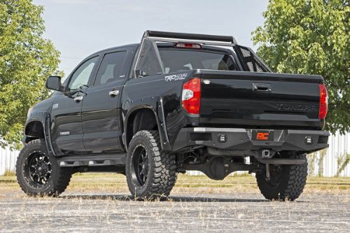 Easy to install! Durable, steel construction Includes (2) Rough Country LED Cubes Integrated steps for easy access to bed Retains factory receiver hitch Includes backup sensor relocators