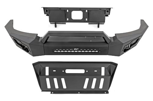 Easy to install! No Cutting or Drilling. Durable, steel construction. Includes (2) Rough Country LED cubes. Includes D-ring set - 4.75-ton capacity. Integrated skid plate. Retains factory tow hooks. Bolt-on stinger bar. Retains factory proximity sensors.