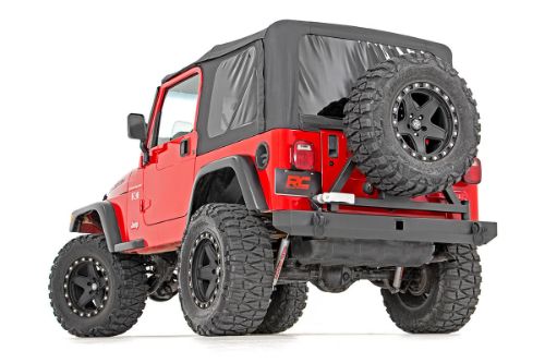 Classic bumper design with a modern twist Manufactured from durable 5/32" steel and 2"x.120" tubing Protects vehicle from on & off-road debris Tire carrier attachment capable of running a full-size spare up to 37-inches D-Rings included - 4.75 ton capacity D-Ring Mounts welded inside and out for increased strength Billet aluminum handle Satin Black finish