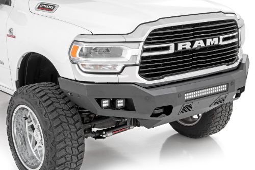 Easy to install! Slim, Sleek design that follows factory features. Durable, steel construction. Integrated┬áSkid┬áPlate. Includes (4) Rough Country LED Cubes. Includes 20in Dual Row Rough Country LED Light Bar. Retains factory tow hooks. Retains factory proximity sensors.