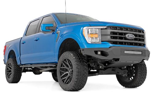 Easy to install! No Cutting or Drilling. Slim, Sleek design that follows factory features. Durable, steel construction. Integrated┬áSkid┬áPlate. Includes (2) Rough Country LED Cubes. Includes 20in Dual Row Rough Country LED Light Bar. Retains factory tow hooks. Retains factory proximity sensors.