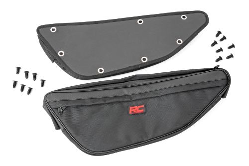 Sold in pairs. Extended zipper for easier use. Reverse coil zipper design gives a cleaner look and added protection. Made of High-Density water resistant 1680D polyester material. Internal compartments prevent water seepage around mount holes. Includes removable knee pad. Safely store phones, sunglasses, keys, or other items to gain extra space and added protection. Bag Dimensions: Î“Ã‡Ã„10.83 x 8.66 x 6.1 inches