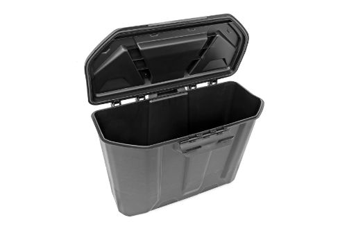 Polypropylene-Injected Storage Box. 3.7 Gallons (14L) Storage Capacity. Conveniently installs under the passenger seat or under rear seats on 4-door models. Water-resistant with latching cover to protect items from dust, dirt, mud, or other debris. Integrated handle for easy removal and hauling. Dimensions: Î“Ã‡Ã„21 x 19 x 19 inches