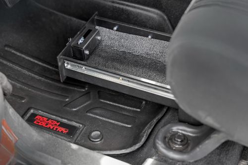 Provides secure hidden storage space. Designed to fit under front driver seat. Includes durable lock with two keys. Durable heavy-duty 16 gauge steel construction with textured black powder coat. Interior storage space is 16 inches x 5-3/4 inches x 2-1/4 inches.
