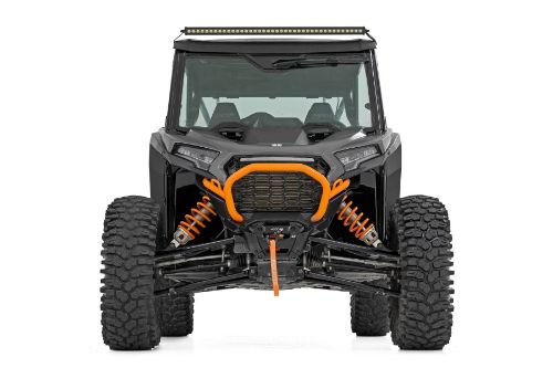 Handy, forward-facing illumination. Easy, 100% bolt-on installation. Mounts to lower roll cage using factory hardware. Light bar sits above the windshield for unobstructed viewing. IP67 Waterproof design. Durable, die-cast aluminum housing. Includes snap-on cover and premium wiring harness.