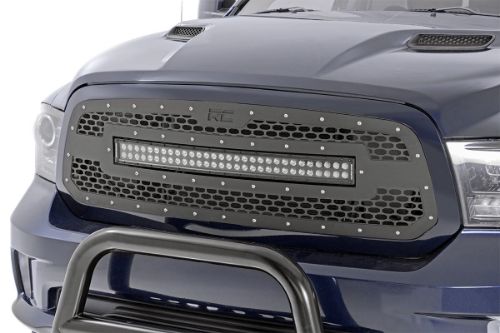 // Grille Details \\\\ Unique Mesh Pattern Corrosion Resistant Black Powdercoat Stainless Steel Hardware Limited lifetime warranty // LED Details \\\\ 14400 lumens 180 watts Contains 60, 3 watt High Intensity CREE LEDs 8 degree spot / 90 degree flood combo pattern IP67 Waterproof rating Black panel design Durable die-cast aluminum housing Moisture Breather technology reduces moisture build-up behind the lens Noise Silencers eliminate hum, whistle, and other wind noises associated with mounted LED Light bars Includes premium, flat-wound wiring harness with on/off switch 3 year warranty