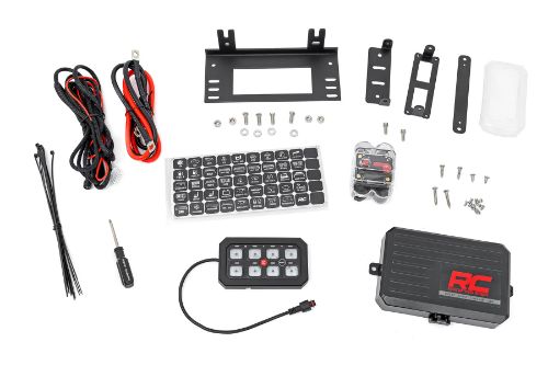 Panel Dimensions: Length: 4.5" Width: 0.5" Height: 2.5" Relay Box Dimensions: Length: 7.5" Width: 1.34" Height: 4.125" Universal mounting brackets. Controls up to 8 LED lights or other electrical devices. 6 spare fuses. Dimmable backlighting capabilities. On/off power button. LED indicator lights. Features On/off LED backlight mode button. Wide range of backlight color options. 50 Switch Labels. Easy Installation. IP65 Waterproof Rating. Integrated LVCO (Low-Voltage Cut-Off). Includes wiring harness and hardware.