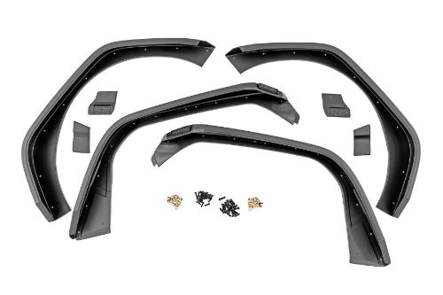 Easy bolt-on installation. Made of UV Treated Thermoplastic. Installation hardware included. Complete set for front and rear fenders. Increases tire clearance. Protects vehicle from on & off-road debris. Provides 9-inches of front tire coverage. Provides 4.5-inches of rear tire coverage.