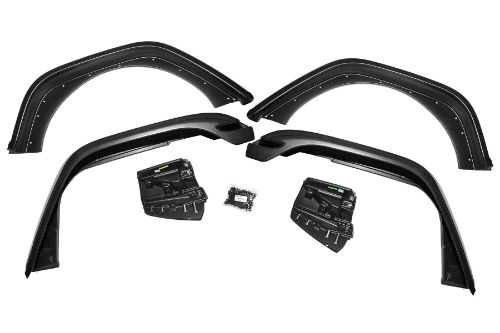 Front Flare Width: 10" Rear Flare Width: 6" Offers an additional 3/4" of clearance over factory Rubicon front flares and 2" over non-Rubicon models. Allows up to a 35" tire on non-Rubicon and 37" tall tire on Rubicon models with no lift kit. Lightly textured UV protected TPO plastic. No drill installation with tough corrosion-resistant hardware Î“Ã‡Ã´ light trimming for installation. Limited Lifetime Warranty.