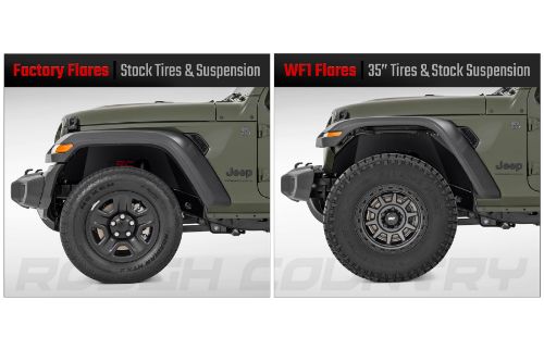 Offers an additional 3/4" of clearance over factory Rubicon front flares and 2" over non-Rubicon models. Allows up to a 35" tire on non-Rubicon and 37" tall tire on Rubicon models with no lift kit. Lightly textured UV protected TPO plastic. No drill installation with tough corrosion-resistant hardware ΓÇô light trimming for installation. Limited Lifetime Warranty.