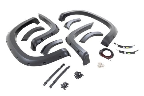 Color: Flat Black Tire Coverage: 2 in. Flare Height: 5 in. Simulated riveted look Quick and easy install with no drilling Added protection from rocks, mud and other road debris UV protected to prevent fading Built from a special Tri-Blend ABS material for maximum strength and durability Easily paintable to color match your truck Can be removed to bring truck back to stock 3-year limited warranty