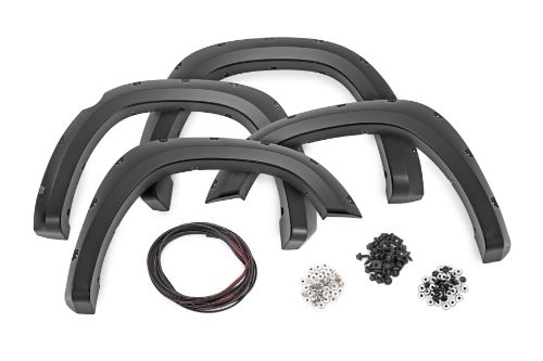 Tire Coverage: 1.88 in. Flare Height: 6 in. Simulated riveted look. Quick and easy install with no drilling. Added protection from rocks, mud and other road debris. UV protected to prevent fading. Built from a special Tri-Blend ABS material for maximum strength and durability. Easily paintable to color match your truck. Can be removed to bring truck back to stock. 3-year limited warranty.