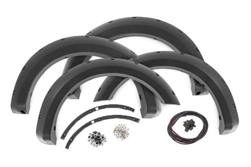 Color: Flat Black Tire Coverage: 1.75 in. Flare Height: 6.25 in. Simulated riveted look. Quick and easy install with no drilling. Added protection from rocks, mud, and other road debris. UV protected to prevent fading. Built from a special Tri-Blend ABS material for maximum strength and durability. Easily paintable to color match your truck. Can be removed to bring the truck back to stock. 3-year limited warranty.