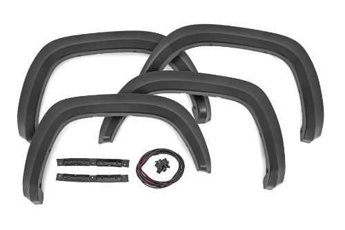 Flare Height: 5.75 in. Coverage: 1 in. Quick and easy install with no drilling. UV protected to prevent fading. Built from a special Tri-Blend ABS material for maximum strength and durability. Easily paintable to color match your truck. Can be removed to bring truck back to stock. 3-year limited warranty.