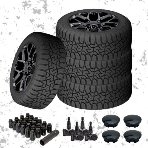 A full set of 4 Snowflake replica wheels, 4 Lancaster tires, 24 lugs, 4 blank center caps, and 4 TPMS sensors.