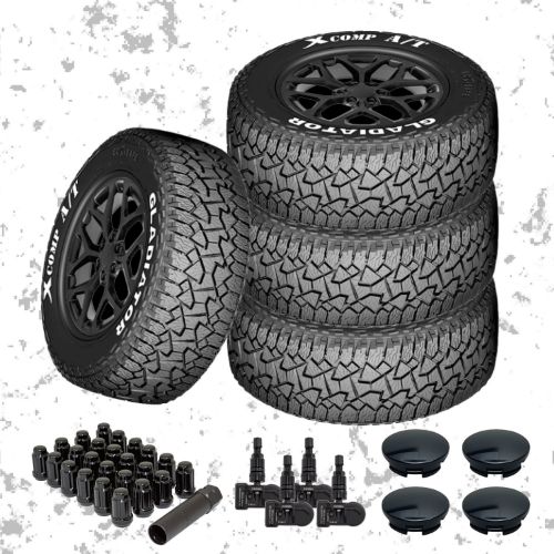 A full set of 4 snowflake replica wheels, 4 Gladiator tires, 24 lugs, 4 blank center caps, and 4 TPMS sensors.